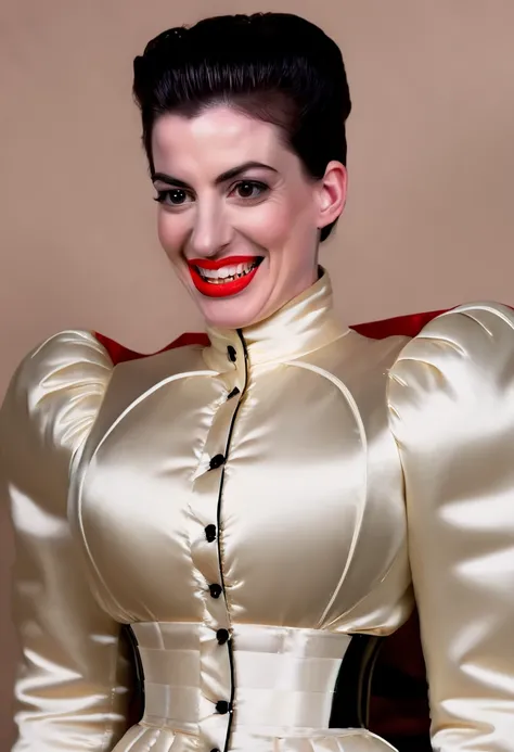 closeup shot, (angry evil dominatrix anne hathaway showing her clinched teeth in anger with flared nostrils and furrowed brows:1.2) in a (closed satin skintight silk buttoned mandarin collar puffer jacket with large shoulder-pads and extremely tight corset...