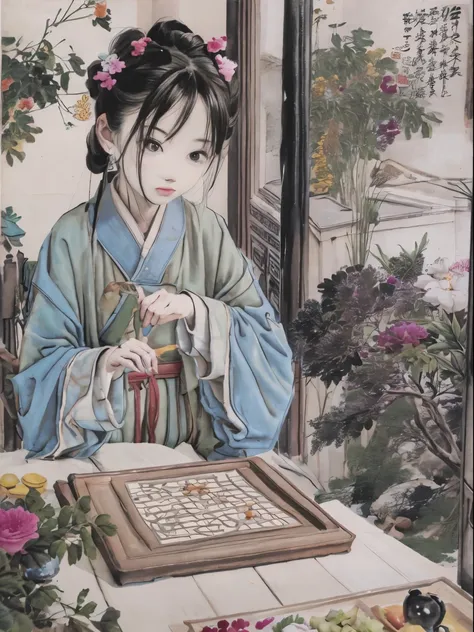 a close up of a full colour painting of people in a landscape, ancient chinese beauties, qing dynasty painting, by Wang Lü, su fu, mu pan, by Lü Ji, song dynasty, ancient china art style, chinese painting, robed figures sat around a table, by Wang Hui, by ...