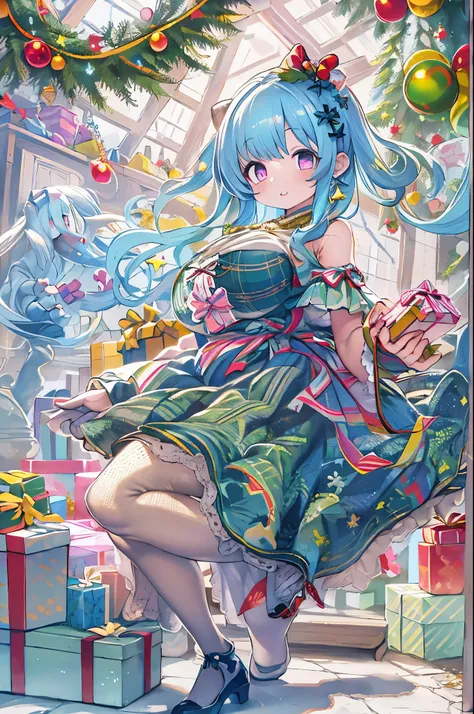 1girl in, Bangs, Blue hair, Bow, Box, 手链, Christmas, Christmas tree, Cowboy Shot, Dress, earrings, fish net, flower, gift, gift box, Hair Ornament, Hamel, Jewelry, Looking at Viewer, multicolored hair, Necklace, pantyhose, Parted lips, Purple eyes,bbw、huge...