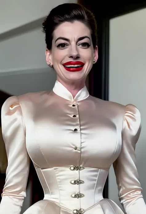 closeup shot, (angry evil dominatrix anne hathaway showing her clinched teeth in anger with flared nostrils and furrowed brows:1.2) in a (closed satin skintight silk buttoned mandarin collar peplum blouse with large shoulder-pads and extremely tight corset...