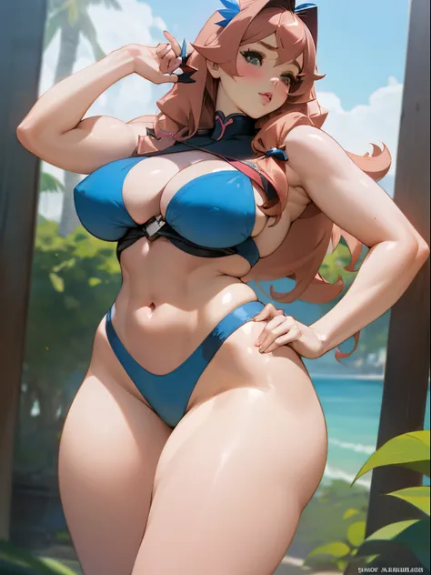 a close up of a woman in a blue bikini posing for a picture, Realistic bikini, thicc, menina anime sedutora, corpo perfeito fotorrealista, corpo perfeito sombreado realista, Oppai, pose sexy, figura completa hiperrealista, mulher bonita sedutora do anime, ...