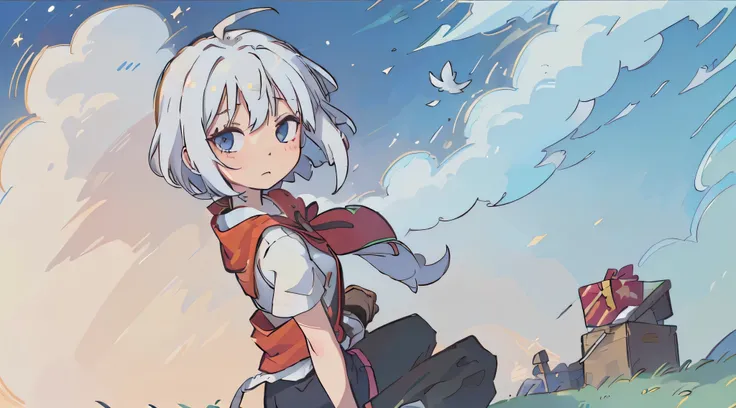 (Best Quality:0.8) perfect anime still frame, Squat, gentle wind, Christmas, dove, white  hair, short-cut、Alone、The sky is wide、natta