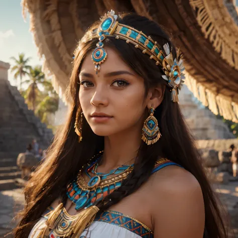 Create a mid-body shot of a Mayan priestess, with hazel eyes, detailed textured eyes, with dark long hair, wearing a Mayan dress, dynamic pose, Mayan temple background, colourful digital fantasy art, soft film grading, cinematic, 8k highly detailed digital...