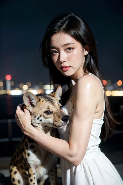 close up photograph，an Quority（20-year-old Asian beauty：1.1），wears a white dress，Hug a ferocious African spotted hyena，Both have cybernetic enhancements，Neon Quarter，Spotted hyena glowing eyes，（Dystopian cyberpunk cityscape：1.1），Immerse yourself in online ...