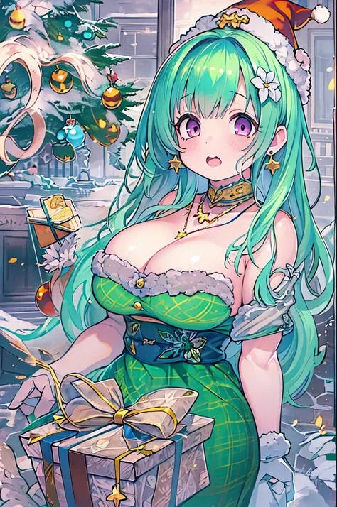 1girl in, Bangs, Blue hair, Bow, Box, 手链, Christmas, Christmas tree, Cowboy Shot, Dress, earrings, fish net, flower, gift, gift box, Hair Ornament, Hamel, Jewelry, Looking at Viewer, multicolored hair, Necklace, pantyhose, Parted lips, Purple eyes,bbw、huge...