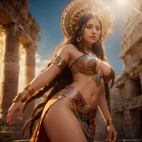 Create a mid-body shot of a Mayan priestess, with hazel eyes, detailed textured eyes, with dark long hair, wearing a Mayan dress, dynamic pose, Mayan temple background, colourful digital fantasy art, soft film grading, cinematic, 8k highly detailed digital...