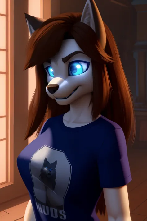 android wife, wolf anthro, brown hair, blue eyes, glowing eyes, t-shirt, 3D Disney style