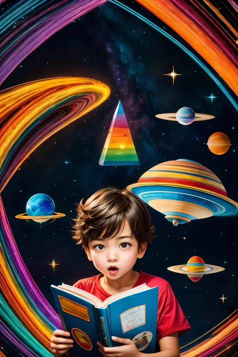 ultra detailed illustration close up science kid reading a book, surprised face in awe, cartoon style, dark background environment, surrounded by smaller images of a pyramid, alien, Saturn , rocket, E=MC2 , and tornado, dinosaur in far background, very col...