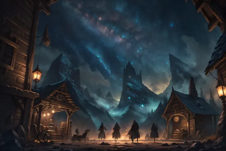 Great Adventurer Guild, Open place, guild in the middle of the trade route, , Diverse Adventurers, Various Species, Fantasy World, Skyrim, Beautiful Place, Night Sky, Starry Sky, Magic Place, Detailed Sky