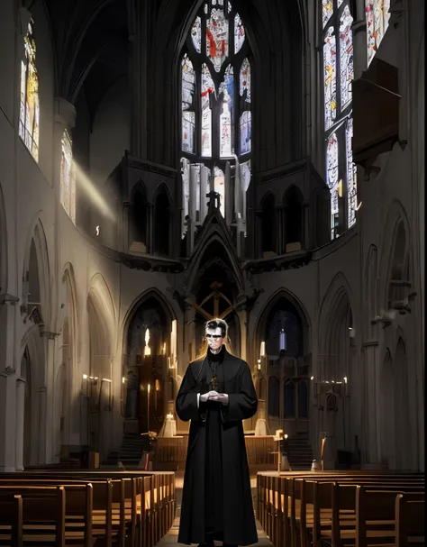 arafed image of a man in a black robe standing in a church, standing in front of the altar, standing in a church, in a large cathedral, standing inside of a church, on the altar, papa emeritus, satanic church interior, in a church. arstation, by Raphaël Co...