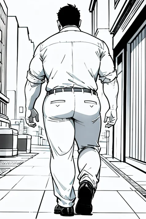 Sketch of a ELEGANT AND HANDSOME FAT MAN walking, picture from behind (corpo todo ) , fundo branco , roupa social ( shirt and pants ) Linha Arte Digital