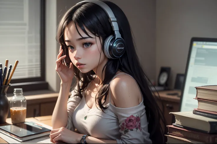 create an image of a young woman in a well-groomed dark room listening to music while studying. This room has several objects. This image of being in the dark lo-fi style --auto --s2