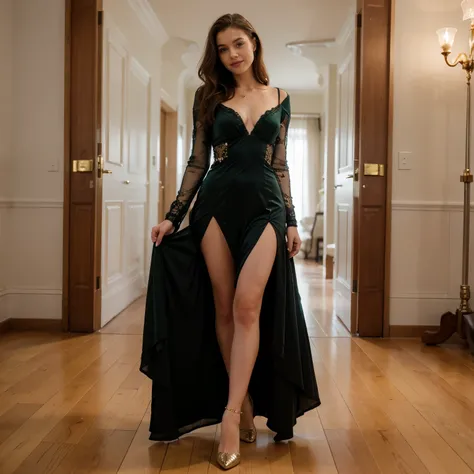 photography of a 20yo woman, perfect face, fully dressed, use the same face, masterpiece, same face, London Penthouse Location, Seductive pose, looking into the camera, smiling, Vogue style photoshoot, Dress: A floor-length evening gown, crafted from rich,...