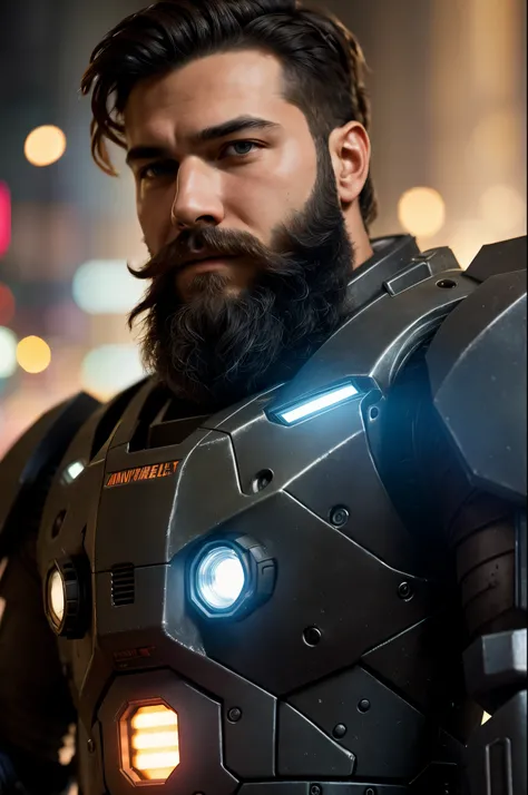 Portrait photo of muscular bearded guy in a worn mech suit, ((light bokeh)), intricaeel metal [rusegant, sharp focus, photo by greg rutkowski, soft lighting, vibrant colors, masterpiece, ((streets)), detailed face