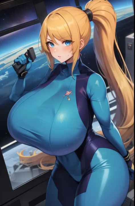 1girlemale Star Warrior，Delicate and beautiful face，blushing face，Sweat on the face，Blue eyes，The lips open slightly，HAIR LOIRO，High ponytail，Busty boobs，Convex buttocks，Dressed in a blue bodysuit，Armed with a firearm，Weapons of the future，chest close-up，p...