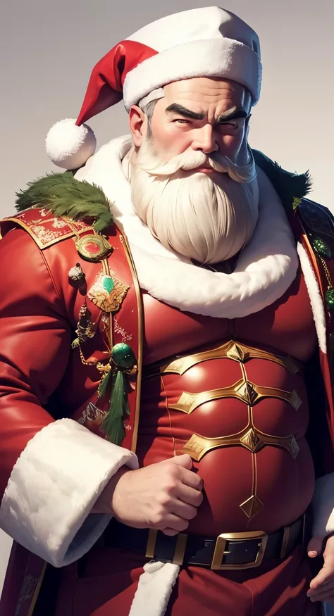 Ancient generals wore Santa Claus clothes ，White beard、Strong body，Belly fat，ice background，40歳中年male people，male people，He is about 40 years old，Thick eyebrows, Big eyes，opens his eyes wide，With a smile，Gentle expression，Give gifts，musculature，