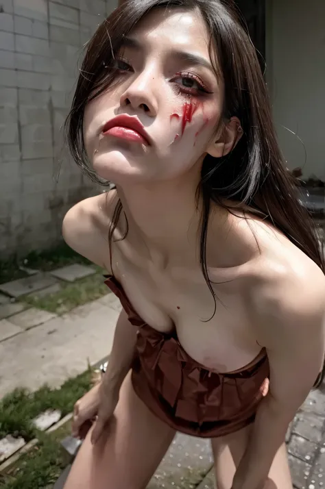 Frontal shot,Sexy Pose, Spread your legs apart，zombie，Bleeding，High resolution, ultra-detailliert, Photorealsitic,dirty skin,負woundsし,realistic blood,lip stick、eye make up、mascara、eye liner、eye shadow、pin heels、Bewitching、vomiting、visceraが突き出ている、嘔vomit blo...