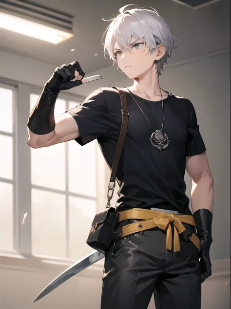 1boy, grey eyes, white hair, bags under the eyes, serious face, black T-shirt, black gloves with fingers, destroy the curse with a katana