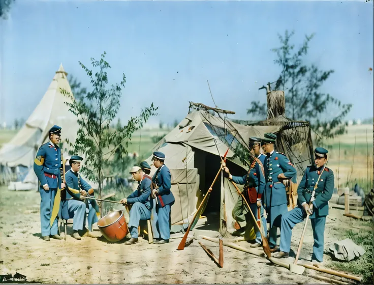 soldiers in uniforms stand in front of a tent with a fire, colorized photograph, colorized photo, colorized, a colorized photo, award winning colorized photo, color image, photo in color, colourized, colourised, colorized background, colored photo, old col...