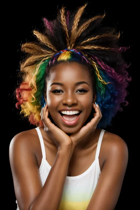 20yo african woman, laughing, rainbow colored hair, black background,