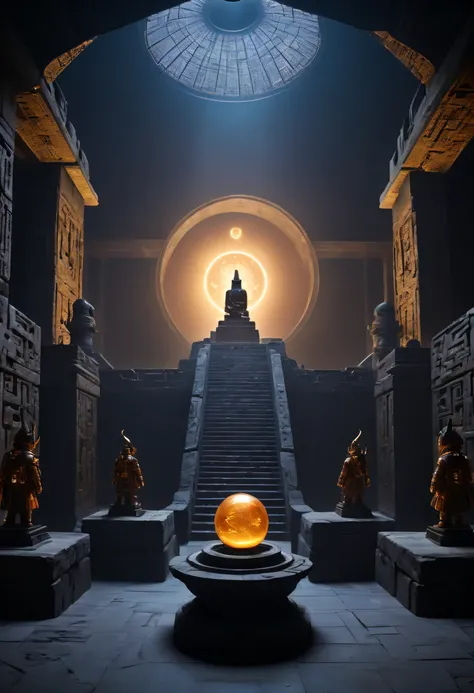 A wonderful underground cave, Alien civilization ruins, a mysterious tomb, Metal coffin, a treasure, Sparkling gold coins, terracotta warriors, antiquities, cultural relic, alien hieroglyphics, future-tech, 诡异的magia力量, unknown cosmic energy, eye of control...