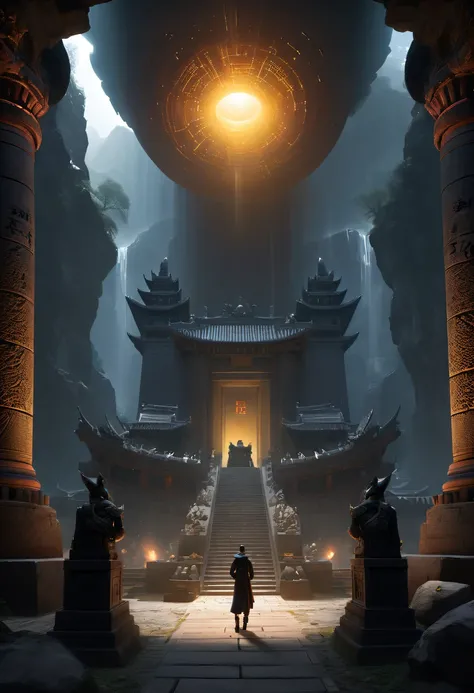 A wonderful underground cave, Alien civilization ruins, a mysterious tomb, Metal coffin, a treasure, Sparkling gold coins, terracotta warriors, antiquities, cultural relic, alien hieroglyphics, future-tech, 诡异的magia力量, unknown cosmic energy, eye of control...