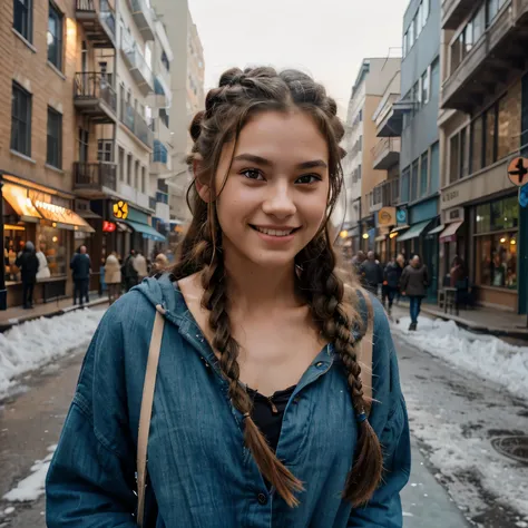 Generate a compelling image of a resilient 18-year-old girl thriving in the ice age, explicitly avoiding any depiction of modern clothing. Emphasize her robust physique, dressed exclusively in weathered fur clothing that underscores the primal nature of he...