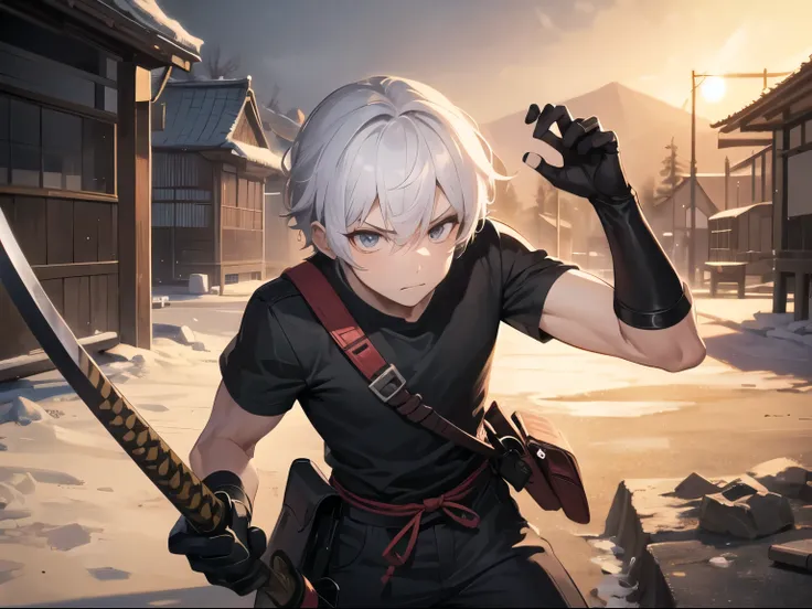 1boy, grey eyes, white hair, bags under the eyes, serious face, black T-shirt, black gloves with fingers, katana, the battle, japanese village, demons