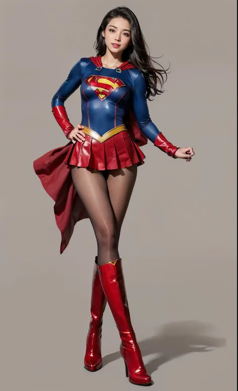 No background、Suffering、Hung、Are sleeping、lying back on、(((Wear black tights on your beautiful legs.)))、(((Grow legs、tall、Legally express the beauty of your smile)))、((((Make the most of the original image)))、(((Supergirl Costume)))、(((beautiful hairl)))、(...