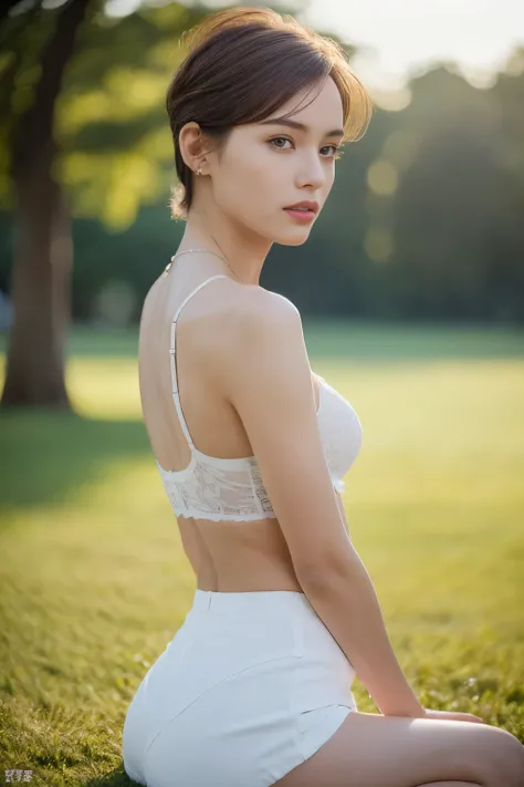 ((top-quality、8K、​masterpiece: 1.erfect Body Beauty: 1.4、Slender Abs: 1.2、Beautiful woman with slender abs:1.3、(Highlight Haircutreast B Cup:1.2),((black underwear )), (((white skirt ))),  necklace, hyperdetailed face、18year old、 Pretty women、(Dark brown s...