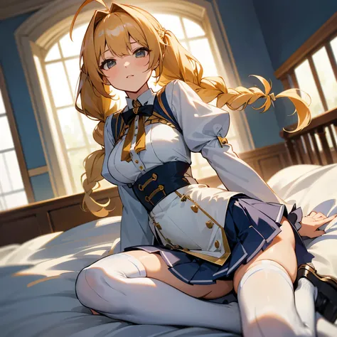 1girl, large full breasts, small  hip, verd s eyes, Golden hair,, skirt by the, bedroom,,Metamorphosis, 小柄,fantrome,azur lane,le temeraire,(Braids),pigtails,white knee-socks,frilld,(garterbelts),(Tricolor color),(Ahoge),{upper chest exposed}