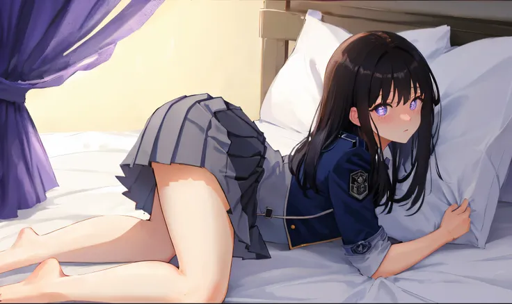 inspection well, through bangs, black hair color hair, Purple pupils，Uniform short skirt，The barefoot，Medium build，dew出锁骨，dew肩膀，dew，Naked crotch，Lying shyly on the bed, face flushed, sigh，Very shy, 8K, super detailing, 16k, Best quality at best, A high res...