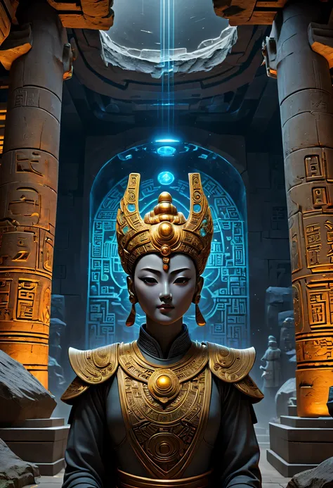 A wonderful underground cave, Alien civilization ruins, a mysterious tomb, Metal coffin, a treasure, Sparkling gold coins, terracotta warriors, antiquities, cultural relic, alien hieroglyphics, future-tech, Weird magical power, unknown cosmic energy, eye o...