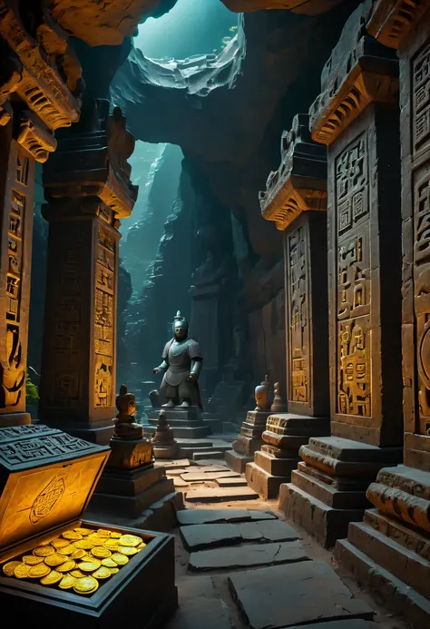 A wonderful underground cave, Alien civilization ruins, a mysterious tomb, Metal coffin, a treasure, Sparkling gold coins, terracotta warriors, antiquities, cultural relic, alien hieroglyphics, future-tech, strange magic, unknown cosmic energy, eye of cont...