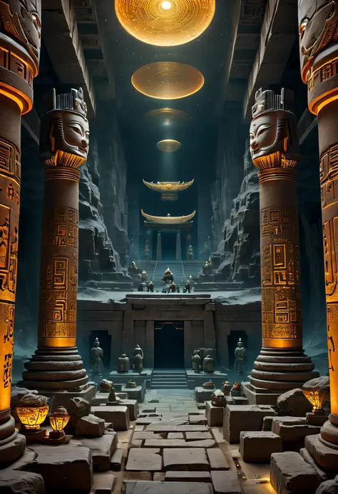 A wonderful underground cave, Alien civilization ruins, a mysterious tomb, Metal coffin, a treasure, Sparkling gold coins, terracotta warriors, antiquities, cultural relic, alien hieroglyphics, future-tech, Weird magical power, unknown cosmic energy, eye o...