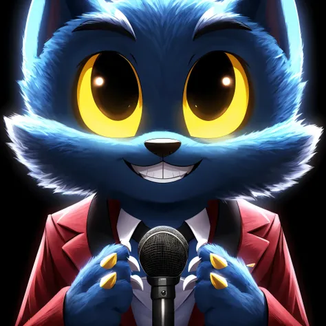 Blue Cat , dark blue wool, fluffy fur, detailed wool, face hidden in the dark, sparkling smile, wearing business suit, in a red jacket, in front of him is a diamond microphone,((in front of him are large beautiful diamond claws)), Enigmatic smile, shining ...