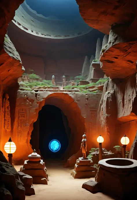 Fantasy underground cave, Alien civilization ruins, mysterious tomb, metal sarcophagus, treasures, glowing coins, terracotta warriors, cultural relic, curio, Alien Glyph Totem, future-tech, strange magic, unknown cosmic energy