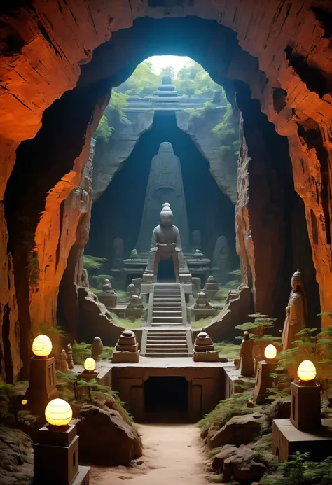 Fantasy underground cave, Alien civilization ruins, mysterious tomb, metal sarcophagus, treasures, glowing coins, terracotta warriors, cultural relic, curio, Alien Glyph Totem, future-tech, strange magic, unknown cosmic energy