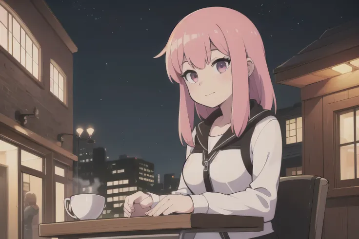 (((master part))), (((best quality: 1.4))), ((Super Detalhe: 1.4)) , 1girl, sitting, front view, ((looking at you)), pink hair, coffee shop, illuminated street, outside, dark night, date night