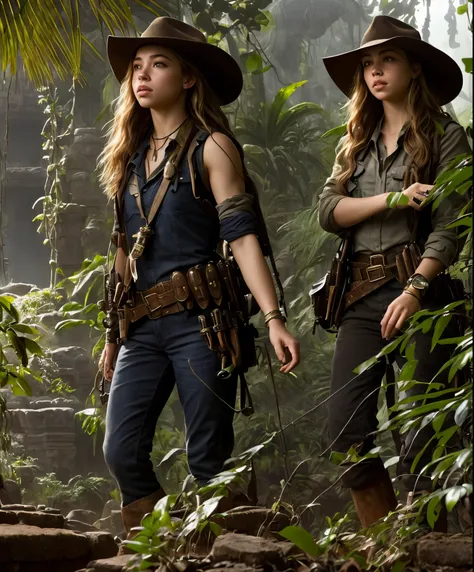 Sydney Sweeney full body poses, The treasure hunter in the Raiders of the Lost Ark movie, Heavy rain is a stunning close-up ((adventurer)) (((archaeologist))) Wear jeans and a white shirt，put on a scarf，Wearing a Stetson hat ((lush jungle / oases / desert ...