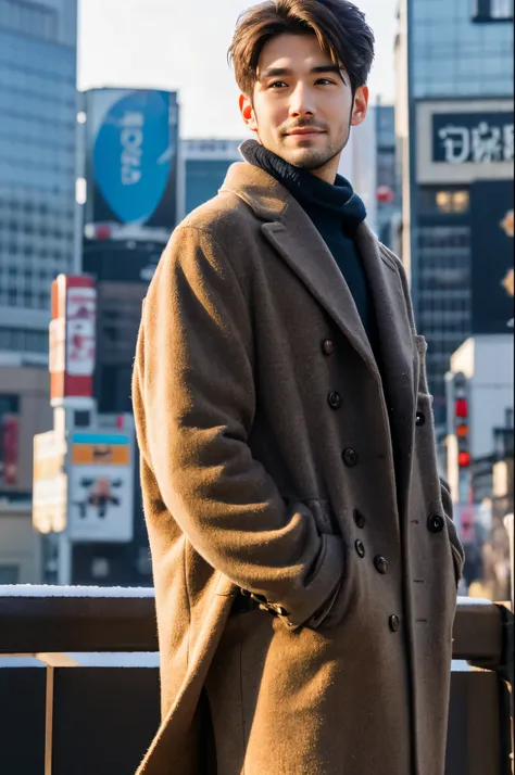 Photorealsitic, 8K full body poster, a handsome, a 25-year-old man, A charming expression, detailed face details, TOKYOcty, Winters, Shibuya in the background