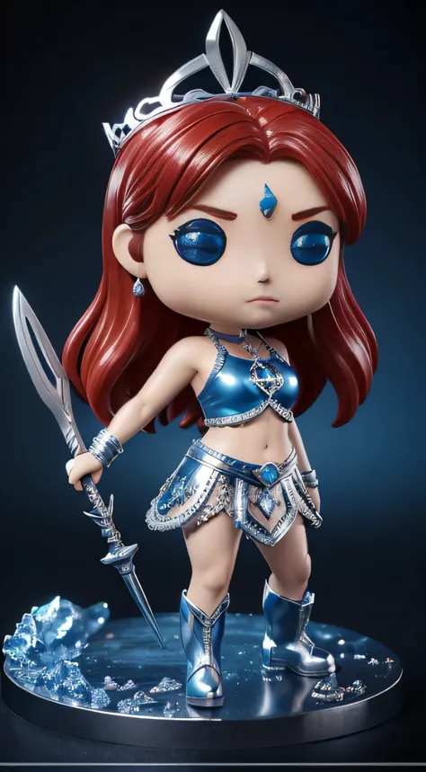 Funko figure of a female (red hair, blue eyes, blue sleeveless crop shirt, with a silver trident logo, wears (a silver tiara with a blue gem on forehead) , silver bracelets, long blue boots, and blue skirt  The Funko is displayed inside and outside a limit...