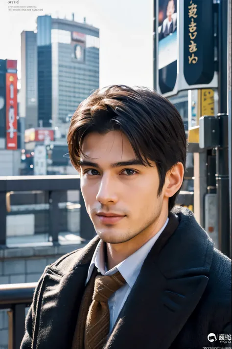 Photorealsitic, 8K full body poster, a handsome, a 25-year-old man, A charming expression, detailed face details, TOKYOcty, Winters, Shibuya in the background