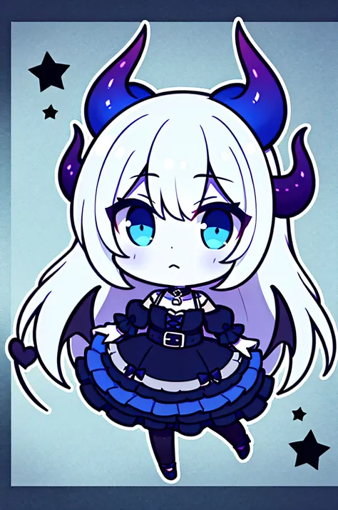 a demon girl with horns and a dress, Goth Outfit, Gothic, Blaue Augen, Blaue Haare, white skin, Kurzer Rock, long stockings, 1Girl, maximal eine Person, Halsband, Nacht, best qulaity, UHD, Detailiert, hight resolution