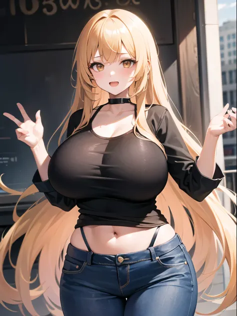 1girl, brown eyes, blond long hair, massive breasts, black top, black jeans, play electric guitar