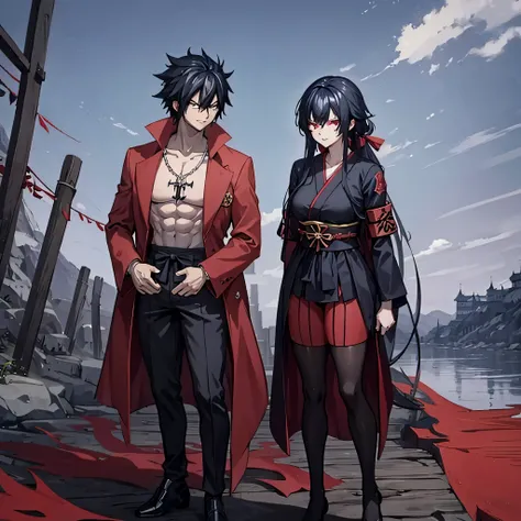 gray fullbuster using wearing heavy samurai armor next to a woman (eye red) sorridente in a red kimono in a traditional Japanese castle