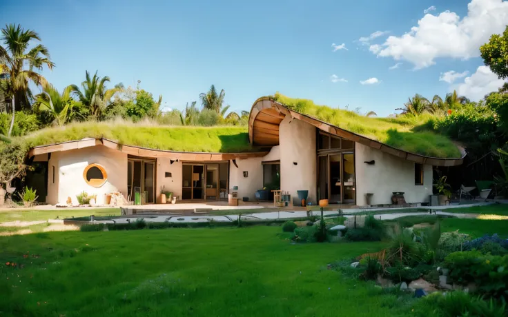 a photograph of a symmetrical contemporary house with (((one hyperbolic paraboloid green roof))) and (((biological pool))) and (...