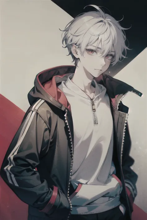 teenager boy, with red eyes and neutral expression, wearing a white hoodie, short hair, pale skin and white hair, on a gray background, looking directly at the viewer with his hands in his pockets.