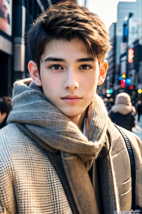 Photorealsitic, 8K full body poster, Beautiful Boys, An 18-year-old man, A charming expression, detailed face details, TOKYOcty, Winters, Shibuya in the background