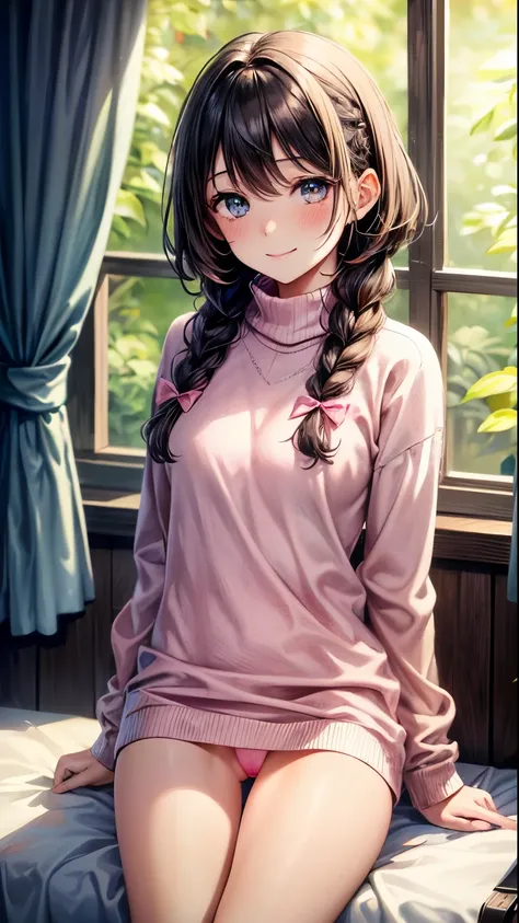 kawaiitech,pastel color, kawaii, Cute colors ,crass room, (((pink vagina))), scholar , sscroll, 1girl in,light brown hair, Turtleneck sweater, argyle sweater, Ribbon Hair Tie, Braids,length hair, blue grey eyes ,Glowing eyes, Smile ,Closed mouth, ((Best Qu...